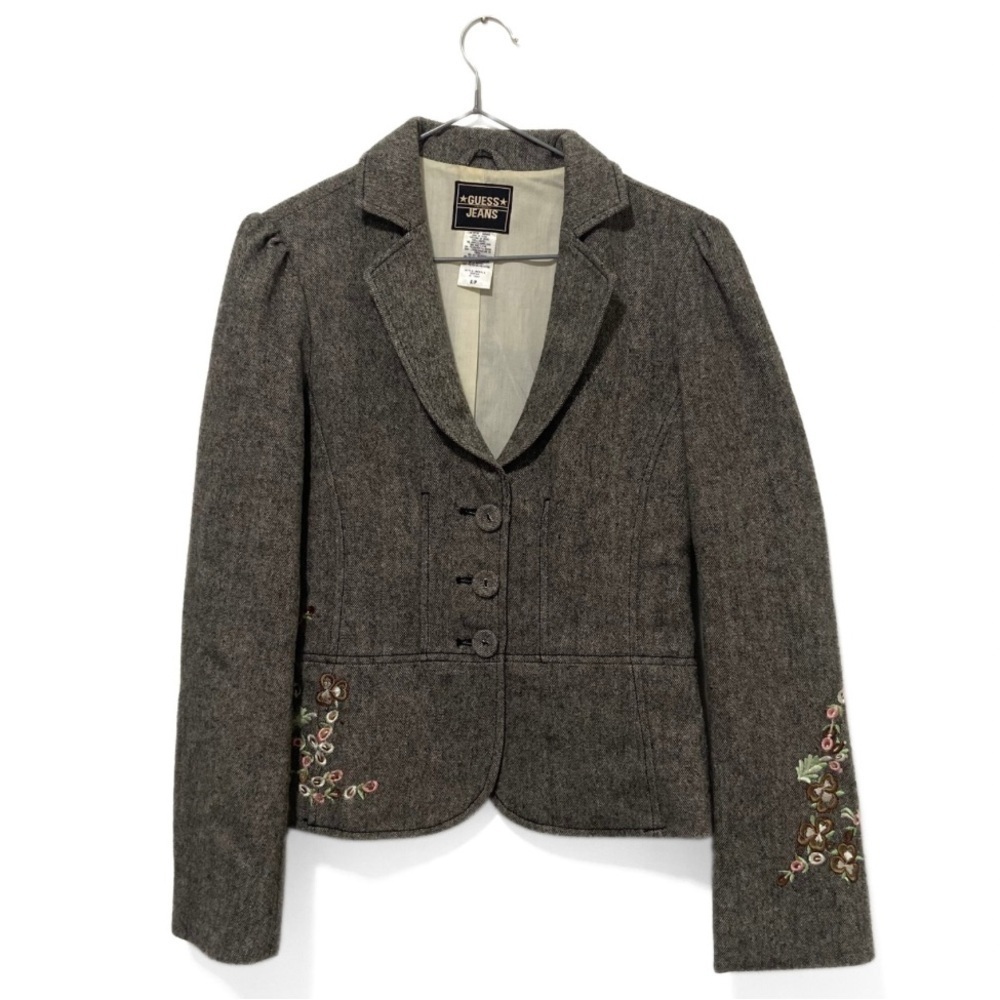 Guess Jeans Grey/Brown Wool Floral Embroidered Blazer Jacket Size Small